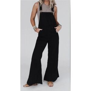 Aaron & Amber Black Denim Bell Bottom Wide Leg Distressed Overalls Medium